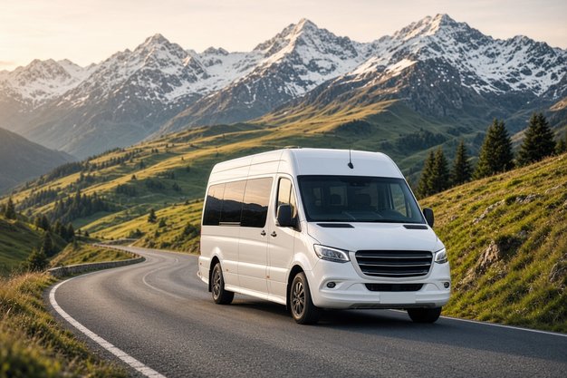 Biely mikrobus Profi-Tour na horskej ceste v Alpách